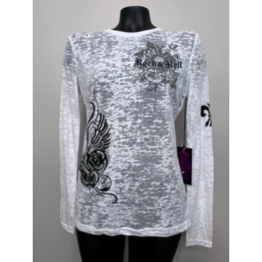 Rock n Roll Cowgirl Burnout Shirt Sz L Rhinestone Embellished Western Biker NWT